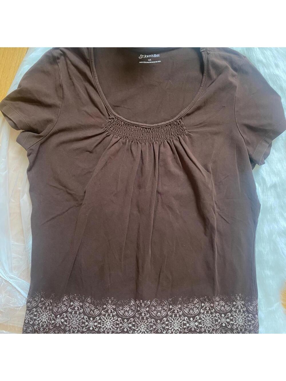 St. John's Bay Brown Ruched Puff Sleeve Blouse Large